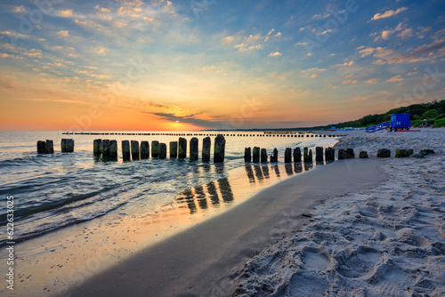 Beautiful sunrise on the summer beach at Baltic Sea in Ustka  Poland.