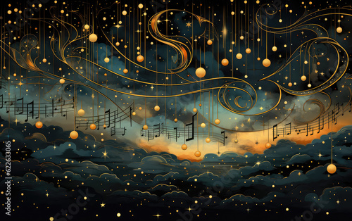 Artwork that combines the magic of starlight with musical elements, flowing lines and delicate details to depict a celestial orchestra AI Generative
