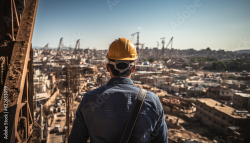 A civil engineer stands looking at the construction site. 