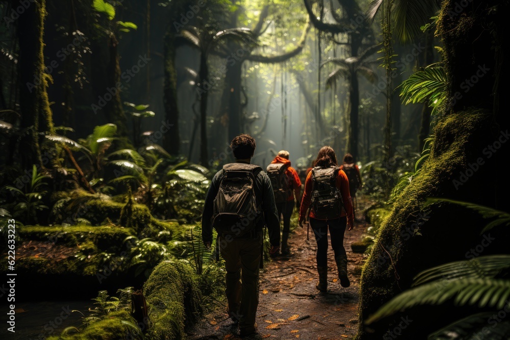 Adventure film scene: explorers' vivid gear contrasts with a dense jungle's monotonous green, evoking thrill and danger. Generative AI.
