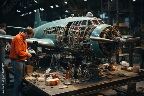 Aeronautical documentary  engineers working on a vintage aircraft depict relentless innovation and timeless flight allure. Generative AI.