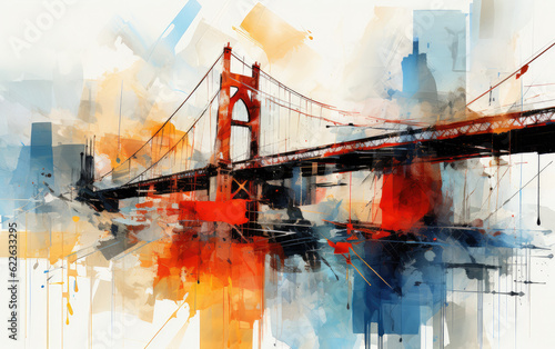 Abstract composition with brooklyn bridge and city skyline, in the style of oil paintings, light cyan and orange, light cyan and red, precise, detailed architecture paintings, die brücke