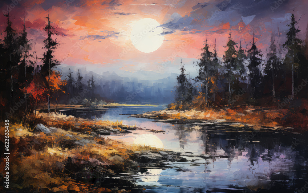 A calm night scene with the moon casting a soft glow over a serene landscape, soft brushstrokes and muted color palette, a sense of peace and tranquility, a quiet lake, swaying trees and AI Generative