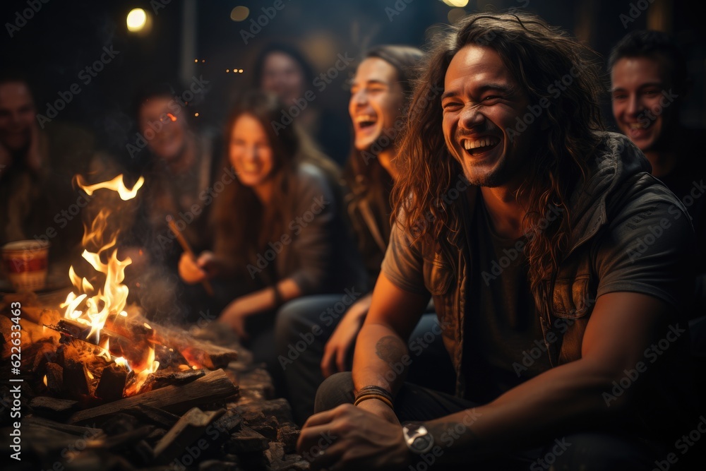 Cinéma vérité style: a spontaneous moment of laughter around a campfire under a starry night captures unscripted life. Generative AI. Cinéma vérité style: a spontaneous moment of laughter around a campfire under a starry night captures unscripted life. Generative AI.