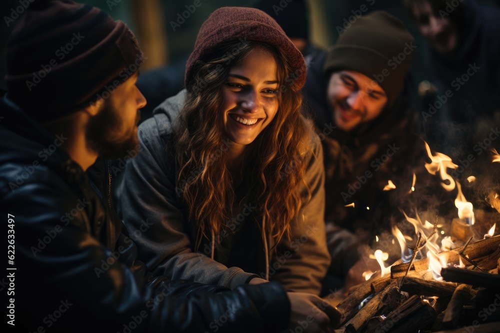 Cinéma vérité style: a spontaneous moment of laughter around a campfire under a starry night captures unscripted life. Generative AI.