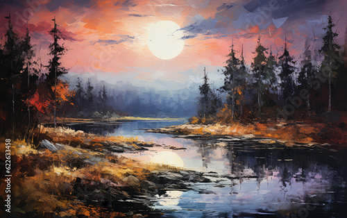 A calm night scene with the moon casting a soft glow over a serene landscape, soft brushstrokes and muted color palette, a sense of peace and tranquility, a quiet lake, swaying trees and AI Generative