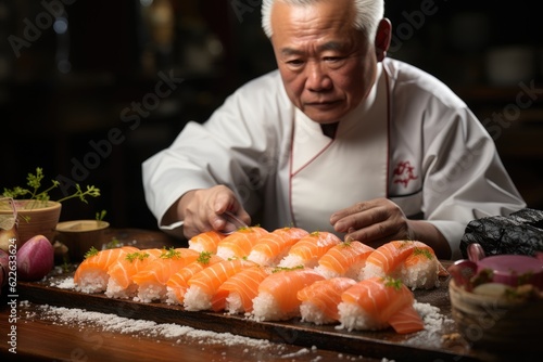 Culinary documentary: a sushi chef's precision and skill, revealed in the crafting of nigiri. Generative AI.