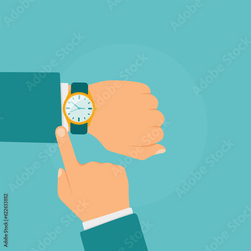 Wristwatch on the hand of businessman in suit. Time on wrist watch. Man with clock checks the time. Hand with clock. Flat design, vector illustration.
