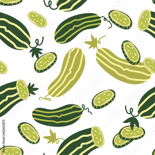 Cucumbers seamless summer pattern for textile prints and food packs or wrapping design, pickles jar labels, hand drawn vector illustration isolated on white background.