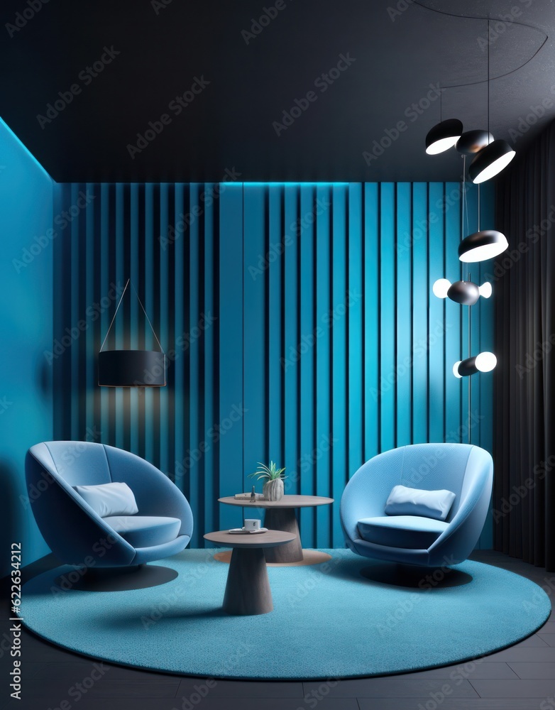 Lounge area with chairs and sofa, couch minimalist style, concept with calm colors and round architecture. 3d render Lounge area with chairs and sofa, couch minimalist style, concept with calm colors and round architecture. 3d render