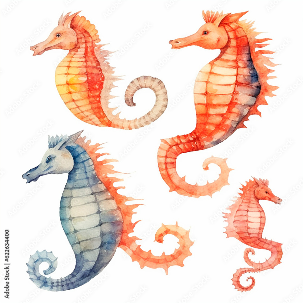 Fototapeta premium sea ​​Horse set watercolor on a white background created with Generative Ai