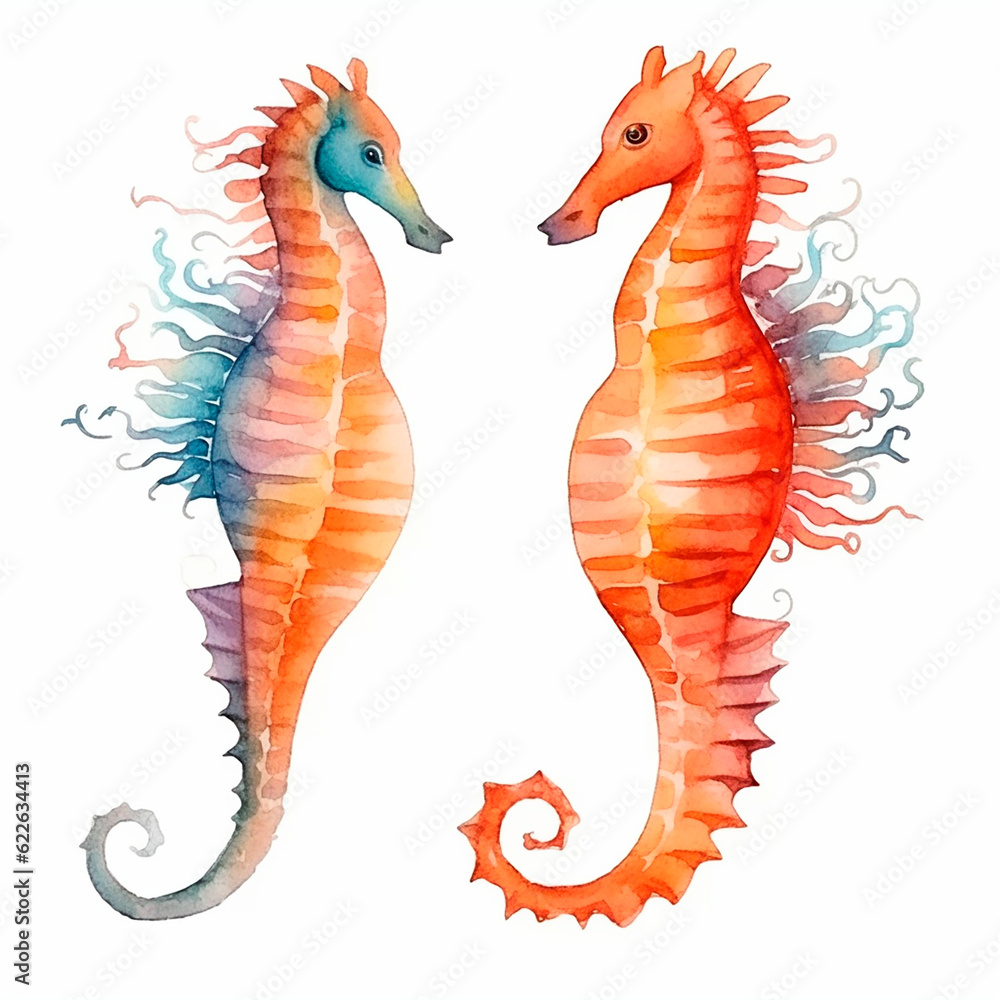 Fototapeta premium sea ​​Horse set watercolor on a white background created with Generative Ai