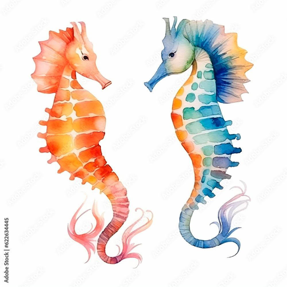 Fototapeta premium sea ​​Horse set watercolor on a white background created with Generative Ai