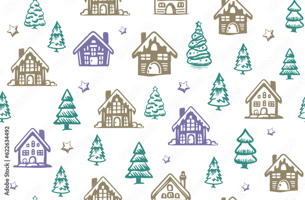 Christmas house and  tree has drawn illustrations, vector.