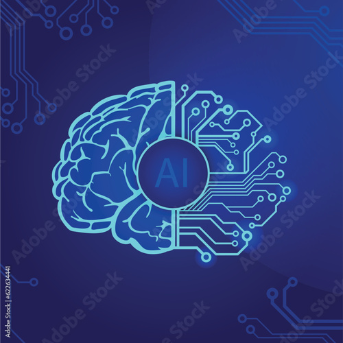 artificial intelligence, blue cyber brain with light, ai concept, science icon, vector illustration, dark blue isolated on white background