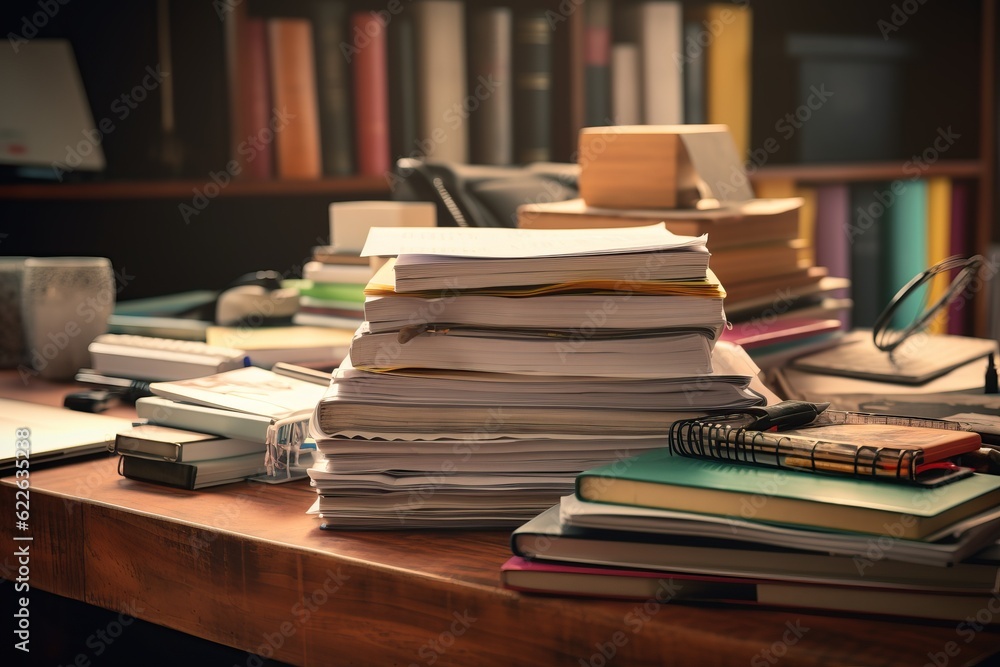 Close-up office desk with an organized stack of papers, heavy workload Close-up office desk with an organized stack of papers, heavy workload