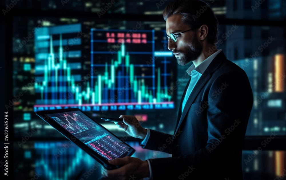 Businessman checking stock market data on tablet on night background Businessman checking stock market data on tablet on night background