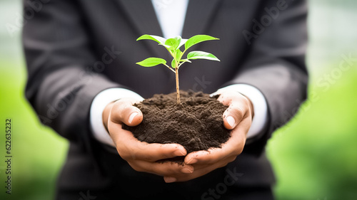 Two hands of the businessman were holding seedling to be planted. Businessman planting trees for sustainable development goals. 