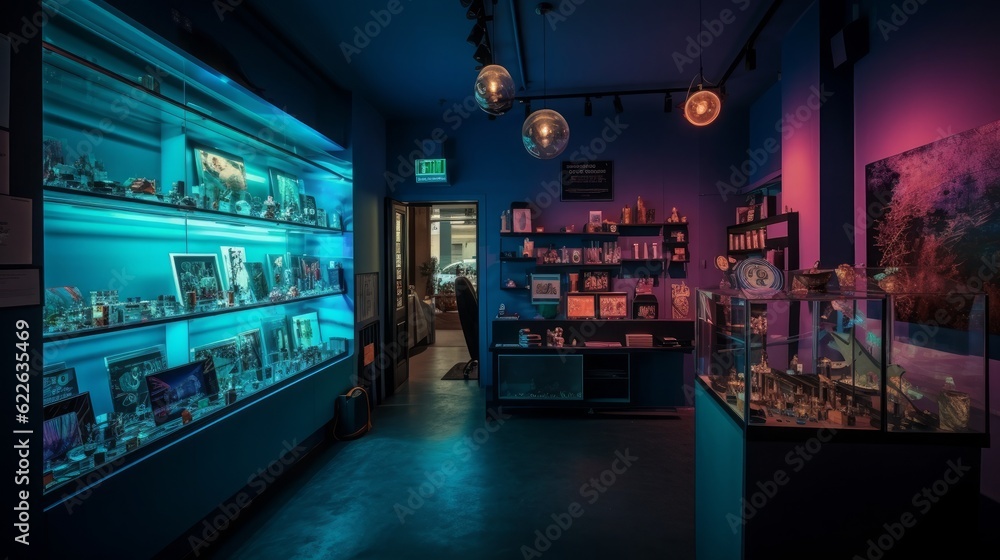 Nightfall in the Urban Retail Scene: Exploring the Dynamic Interiors of a Vibrant City Shop, generative AIAI Generated