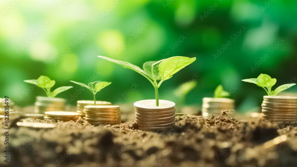 Growing Money, plant on coins. Finance and investment concept.
Growing Money, plant on coins. Finance and investment concept.