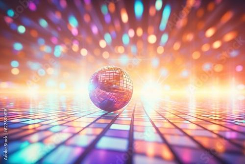 mirrored disco ball on dance floor with colored lights.