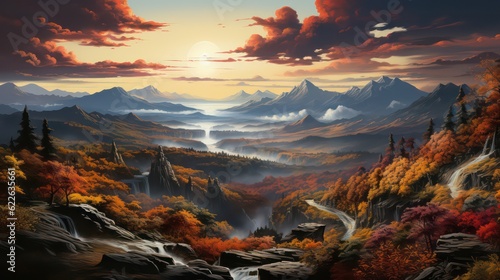 Vibrant Autumn Splendor  Mountains Adorned with Shades of Red  Orange  and Gold
