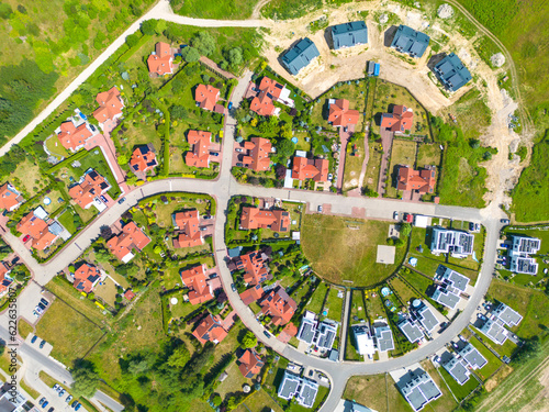 Aerial of new construction luxury residential neighborhood street single family homes real estate