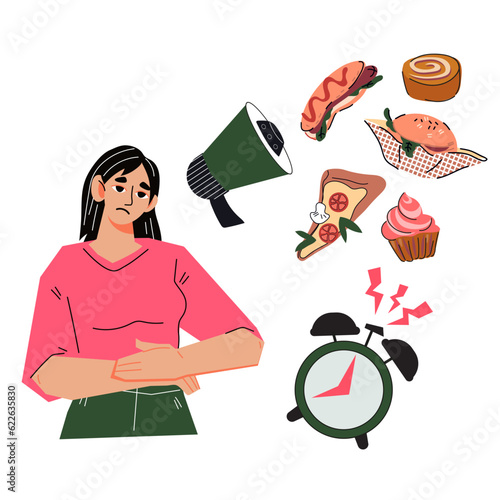 Irregular eating and hunger concept, flat cartoon vector illustration on a white background. Woman feels pain in her stomach and weakness from hunger.