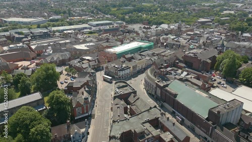 Aerial drone video of the town centre of Chesterfield, England