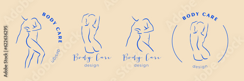 Trendy line art logo with woman body. Minimalistic blue drawings. Female figure continuous line abstract icons. Modern logo design. Naked body vector illustration.