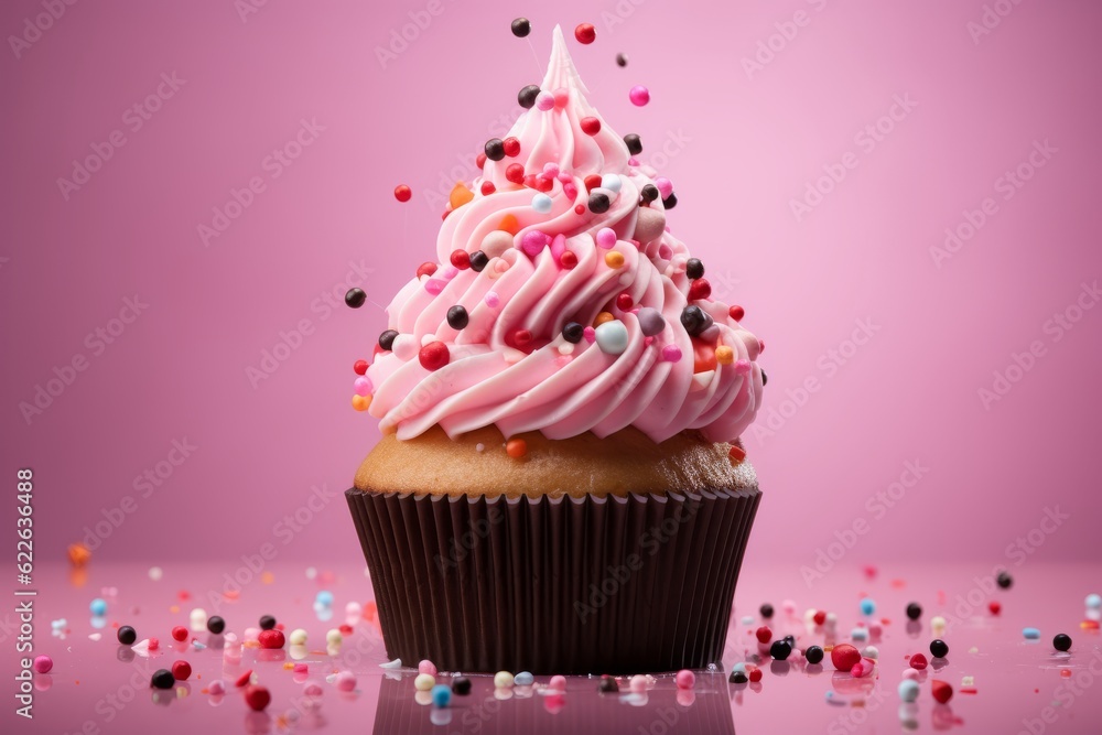 Birthday Cupcake On Pink Background, Generative AI Birthday Cupcake On Pink Background, Generative AI