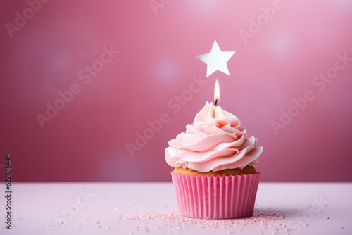  Birthday Cupcake On Pink Background  Generative AI