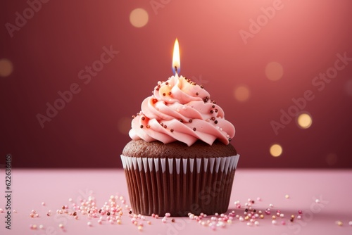  Birthday Cupcake On Pink Background  Generative AI