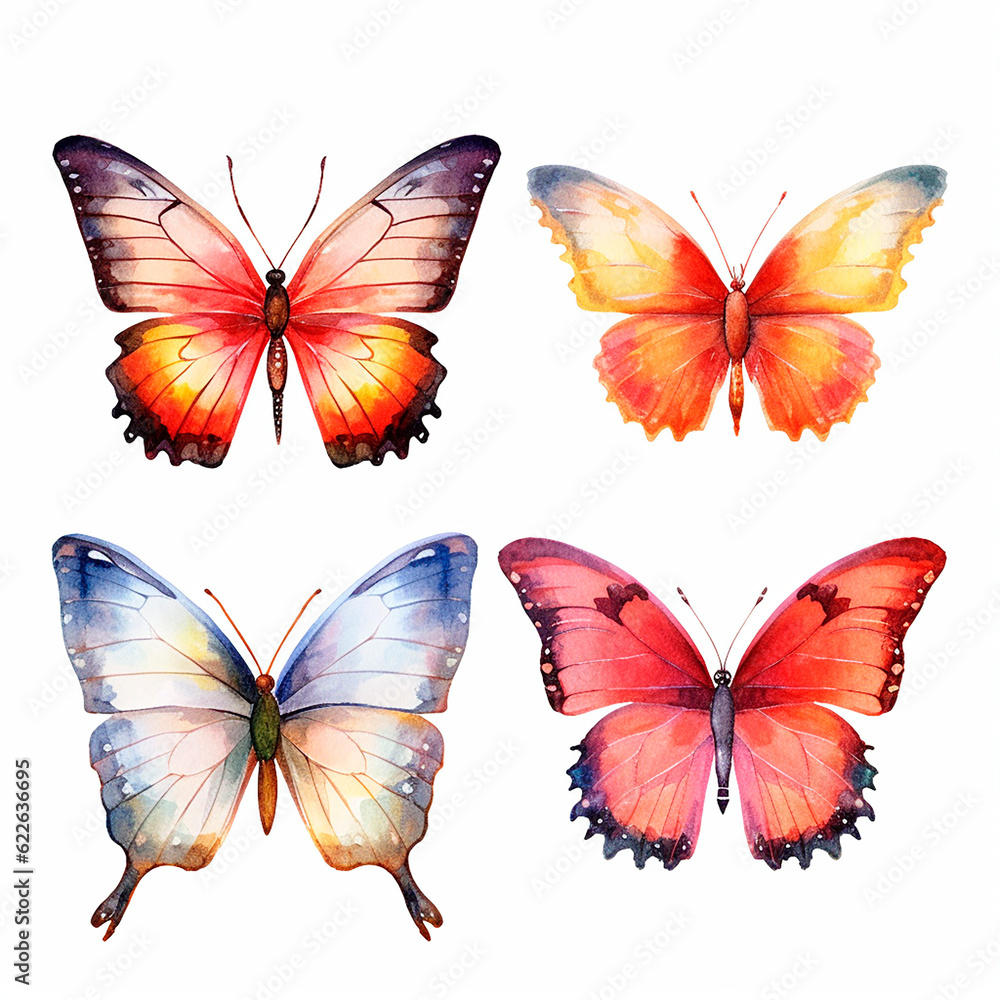 butterfly set watercolor on a white background created with Generative Ai butterfly set watercolor on a white background created with Generative Ai