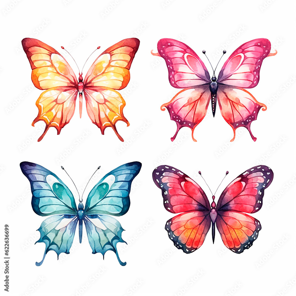 butterfly set watercolor on a white background created with Generative Ai butterfly set watercolor on a white background created with Generative Ai