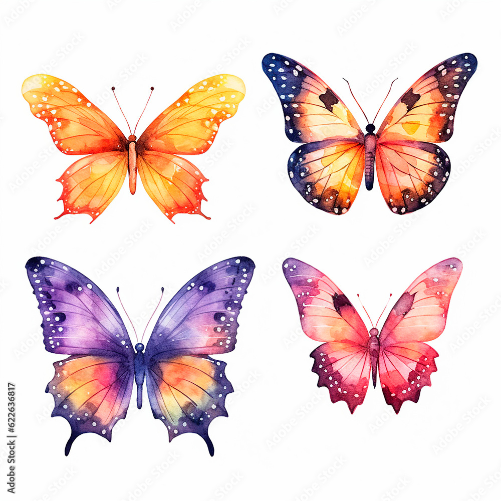 butterfly set watercolor on a white background created with Generative Ai butterfly set watercolor on a white background created with Generative Ai