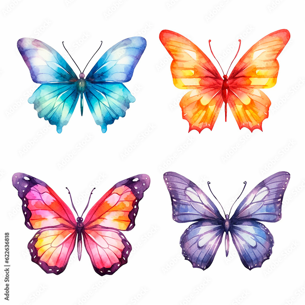 butterfly set watercolor on a white background created with Generative Ai butterfly set watercolor on a white background created with Generative Ai
