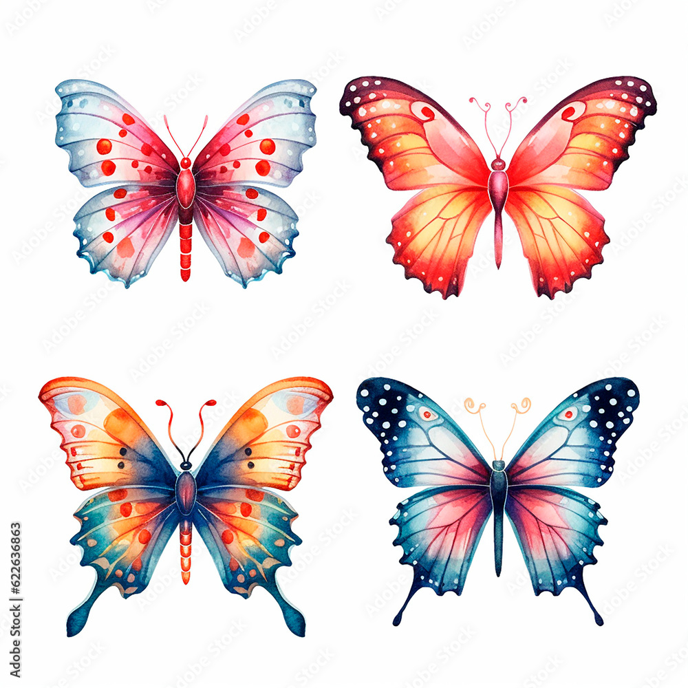 butterfly set watercolor on a white background created with Generative Ai butterfly set watercolor on a white background created with Generative Ai