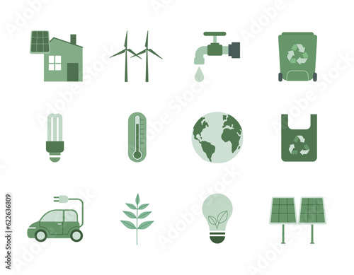 Set of green ecology flat icons, Alternative green energy resources, Usable for branding and nature logo, ecology nature element concepts. Vector design illustration.