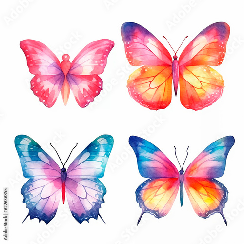 butterfly set watercolor on a white background created with Generative Ai