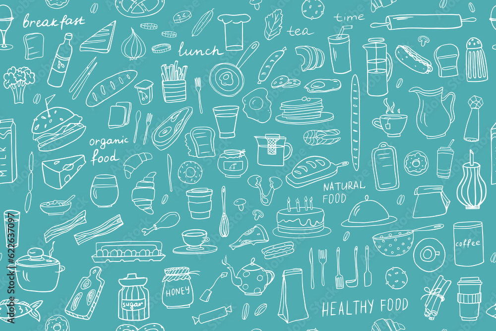 Seamless pattern of healthy food and fast food ingredients in doodle style with lettering in vector. Great for menu design, banners, sites, packaging. Isolated on blue Seamless pattern of healthy food and fast food ingredients in doodle style with lettering in vector. Great for menu design, banners, sites, packaging. Isolated on blue
