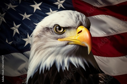 Majestic Symbol Bald Eagle Head in Front of American Flag  Generative AI