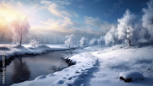 Snowed landscape in the mountain. Generative AI © Gelpi