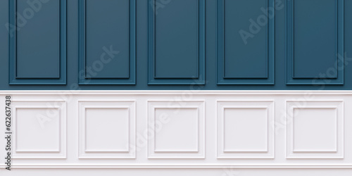 Wall beadboard wood decoration. Classic blue and white color wainscot Retro wooden panel background.