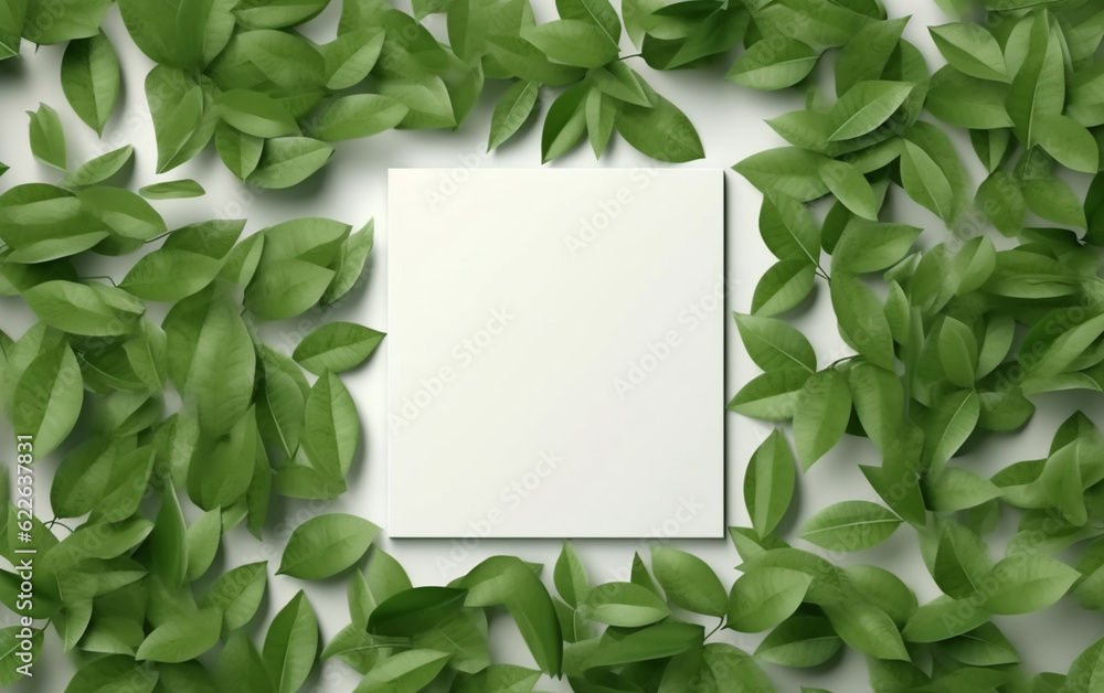creative layout, green leaves with white square frame, flat lay, for advertising card or invitation creative layout, green leaves with white square frame, flat lay, for advertising card or invitation