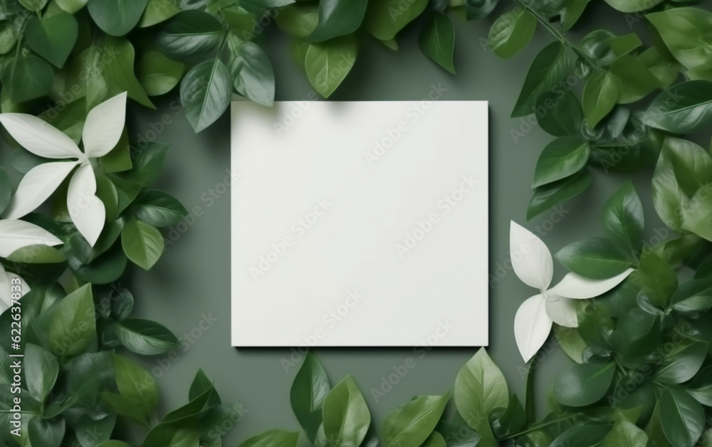 creative layout, green leaves with white square frame, flat lay, for advertising card or invitation creative layout, green leaves with white square frame, flat lay, for advertising card or invitation