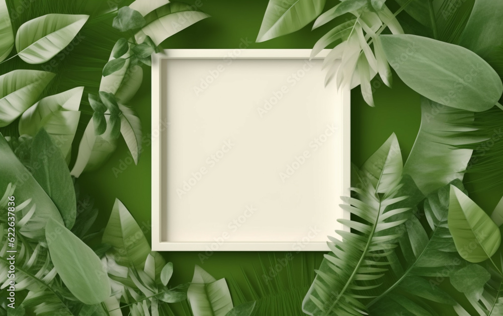 creative layout, green leaves with white square frame, flat lay, for advertising card or invitation creative layout, green leaves with white square frame, flat lay, for advertising card or invitation