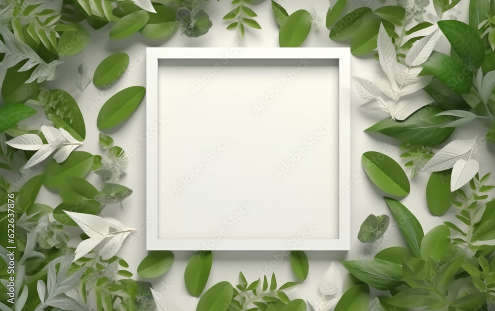 Naklejka premium creative layout, green leaves with white square frame, flat lay, for advertising card or invitation