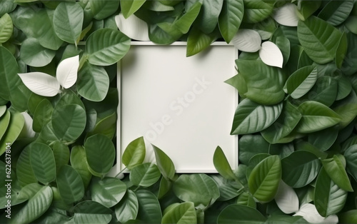 creative layout, green leaves with white square frame, flat lay, for advertising card or invitation © MUS_GRAPHIC