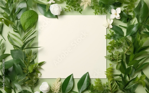 creative layout, green leaves with white square frame, flat lay, for advertising card or invitation